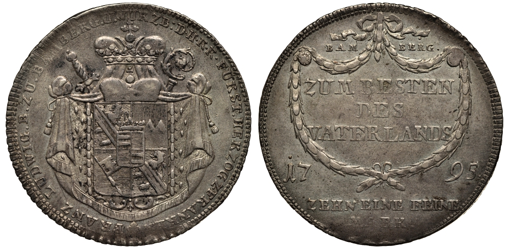 Бамберг 1 талер 1795 Франц Людвиг фон Эрталь (1779-1795), Нюрнберг контрибуция KM 146, Dav. 1939, Krug. 427 серебро 00-821-69