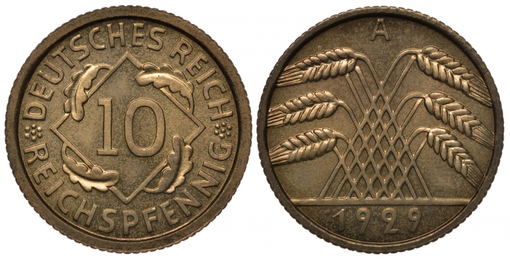 Германия 10 рейхспфеннигов 1929 A, KM 40, J. 317 алюминиевая бронза PROOF 00-806-71
