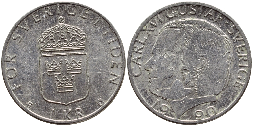 Швеция 1 крона 1990 Карл XVI Густав (1973- ) KM 852a медно-никель 4398-1227