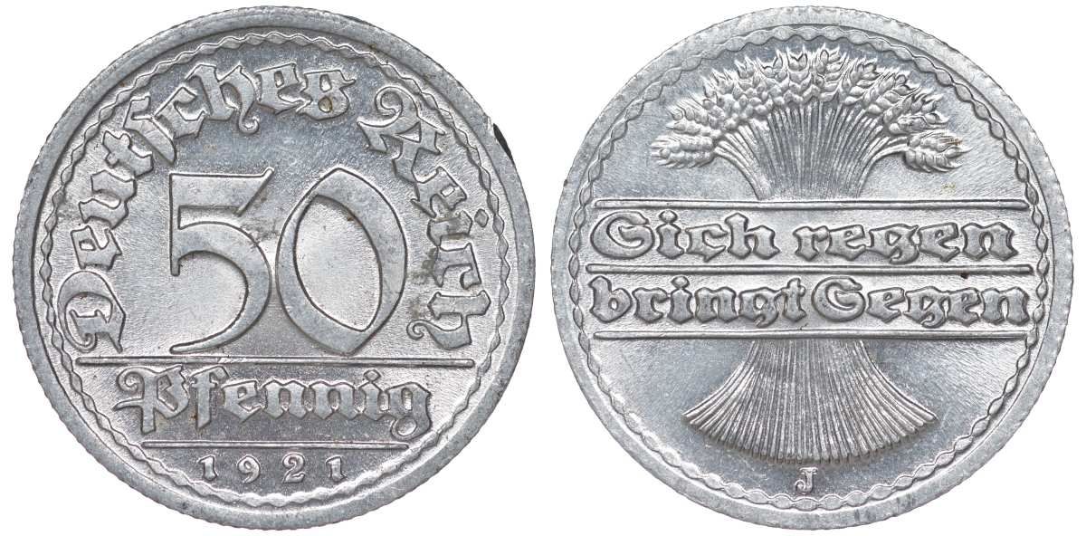 Германия 50 пфеннигов 1921 J KM 27, J. 301 алюминий aUNC 4114-912
