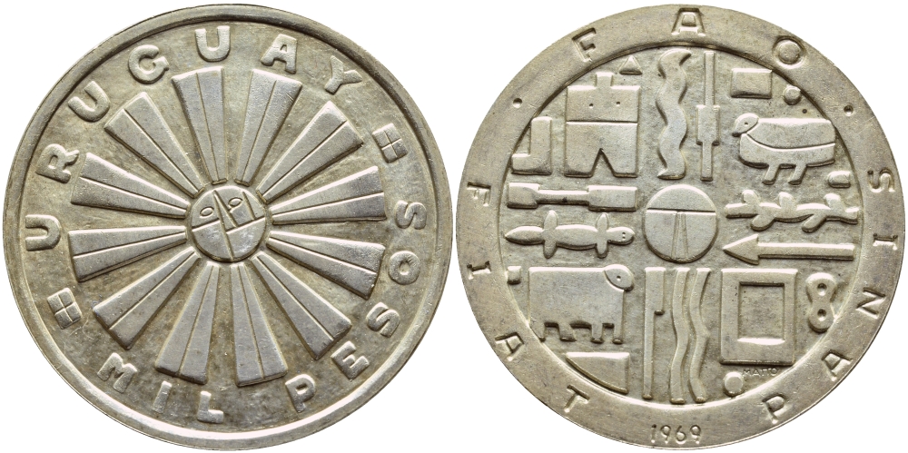 УРУГВАЙ 1000 ПЕСО 1969 So, FAO, ПРОБА 900, ВЕС 25 ГР., ТИРАЖ 500000 ЭКЗ. KM 55 серебро 00-00