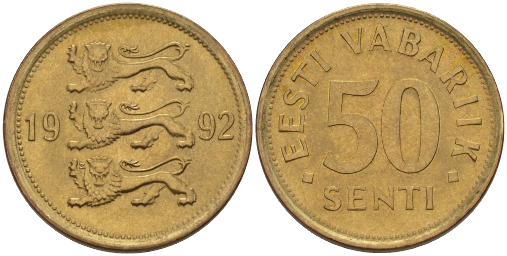 ЭСТОНИЯ 50 ЦЕНТОВ 1992 KM 24 латунь UNC 66-734