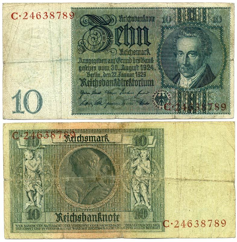 Германия 10 рейхсмарок 1929 Альбрехт Д. Тэер, буква G, серия C Pick 180a, Ros. 173е  бумага 7214-10-1-1