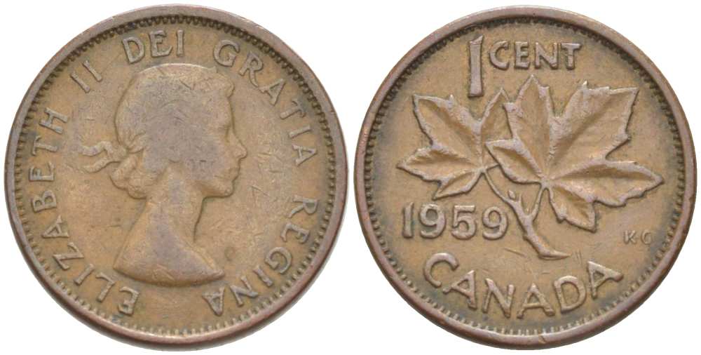 КАНАДА 1 ЦЕНТ 1959 КЛЕНОВЫЙ ЛИСТ, ЕЛИЗАВЕТА II (1952-) KM 49 бронза 3309-1257