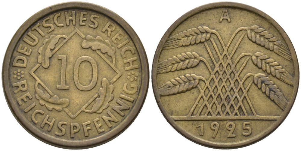 Германия 10 рейхспфеннигов 1925 A KM 40, J.317, Weege 9 алюминиевая бронза 4575-437