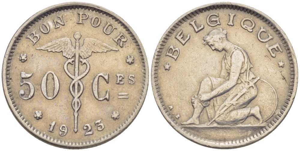 БЕЛЬГИЯ 50 САНТИМОВ 1923 BELGIQUE KM 87 никель 214-424