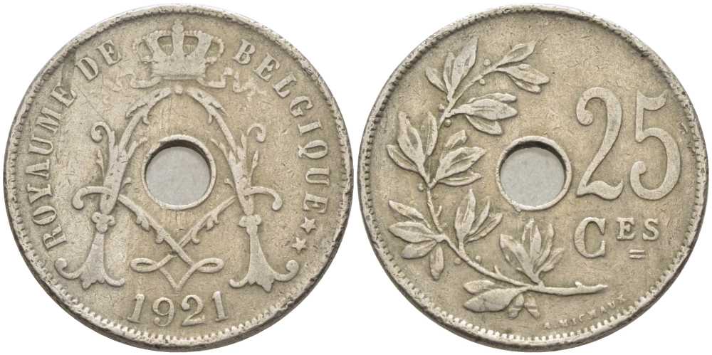 БЕЛЬГИЯ 25 САНТИМОВ 1921 BELGIQUE, АЛЬБЕРТ I (1909-1934) KM 68.1 медно-никель 119-341