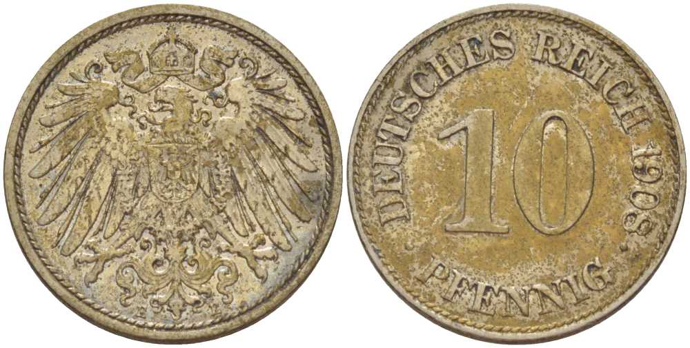 ГЕРМАНИЯ 10 ПФЕННИГОВ 1908 E KM 12, J. 13, Weege 8 медно-никель 212-122