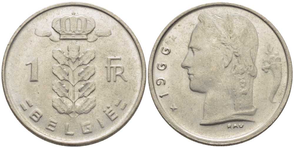 БЕЛЬГИЯ 1 ФРАНК 1966 BELGIE, БОДУЭН I (1951-1993) KM 143.1 медно-никель 119-551