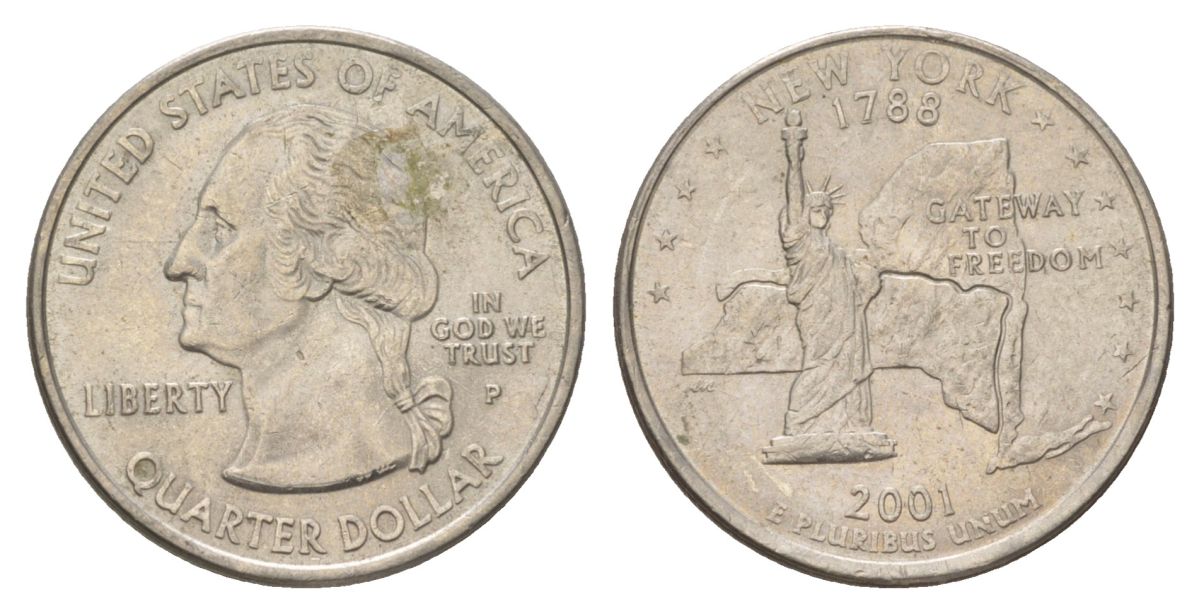 США 25 центов (квотер, 1/4 доллара) 2001 P, Квотер штата Нью-Йорк KM 318 медь плакированный медно-никелем UNC 4628-1144