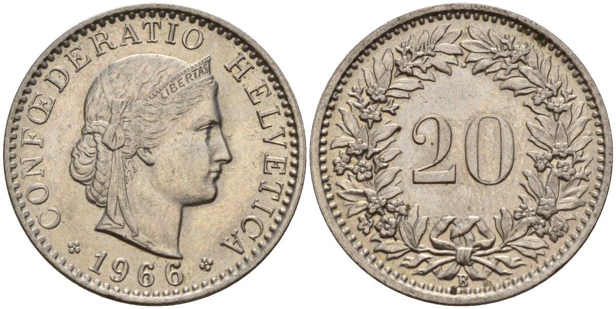 Швейцария 20 раппенов 1966 B KM 29a медно-никель 4187-554