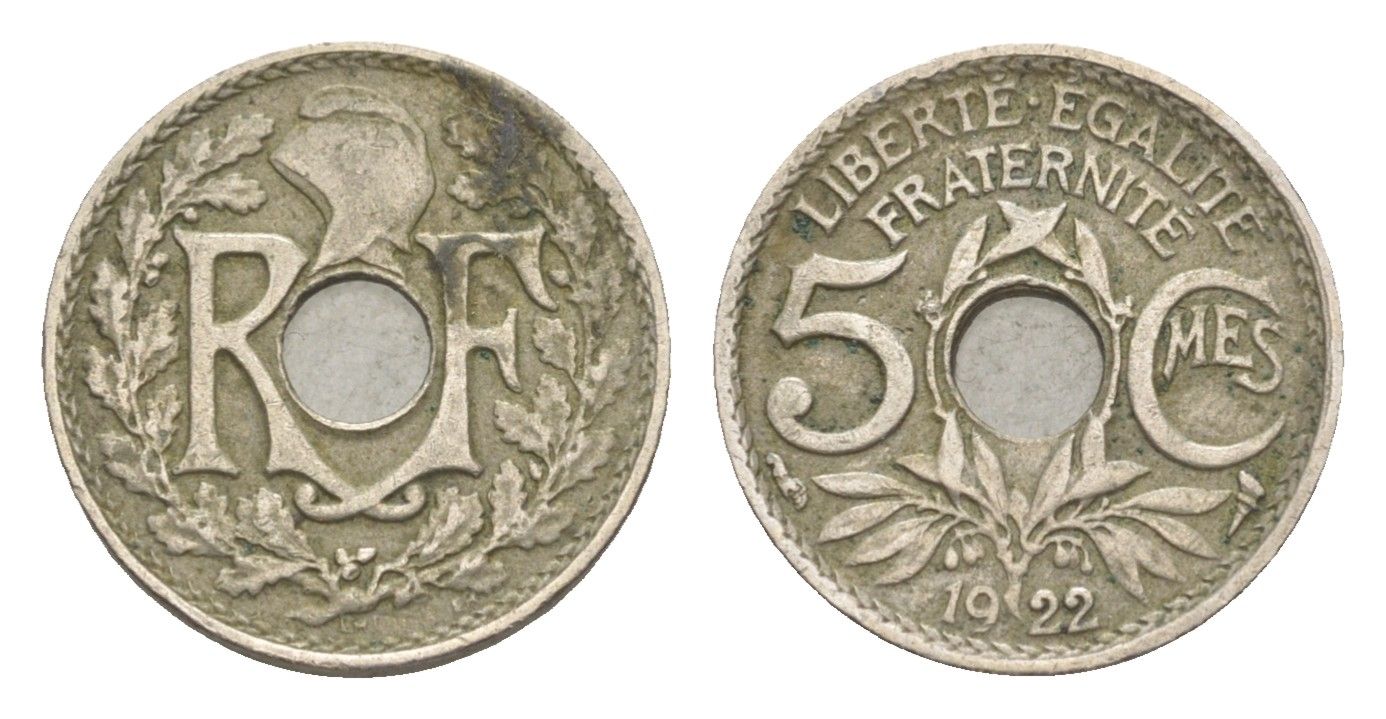 Франция 5 сантимов 1922 KM 875 медно-никель 4174-219