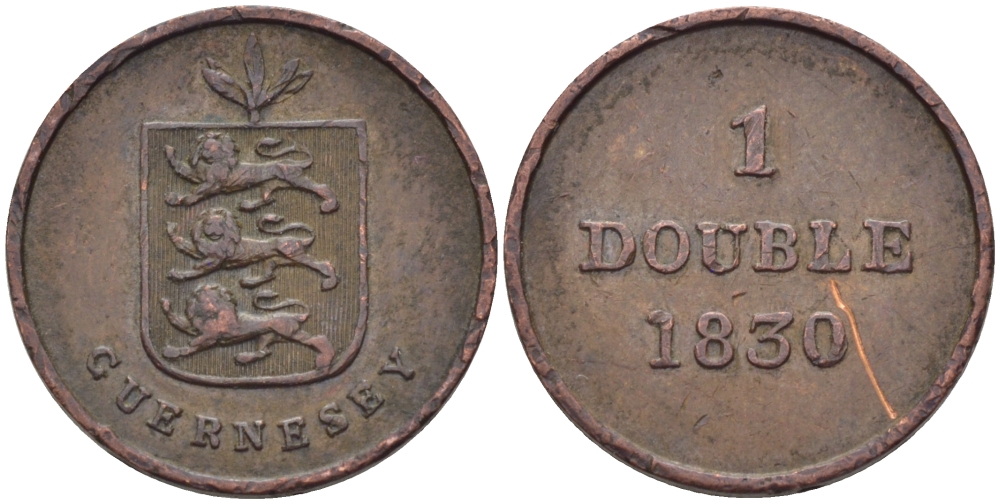 Гернси 1 дабл (дубль) 1830 KM 1 медь 100-424
