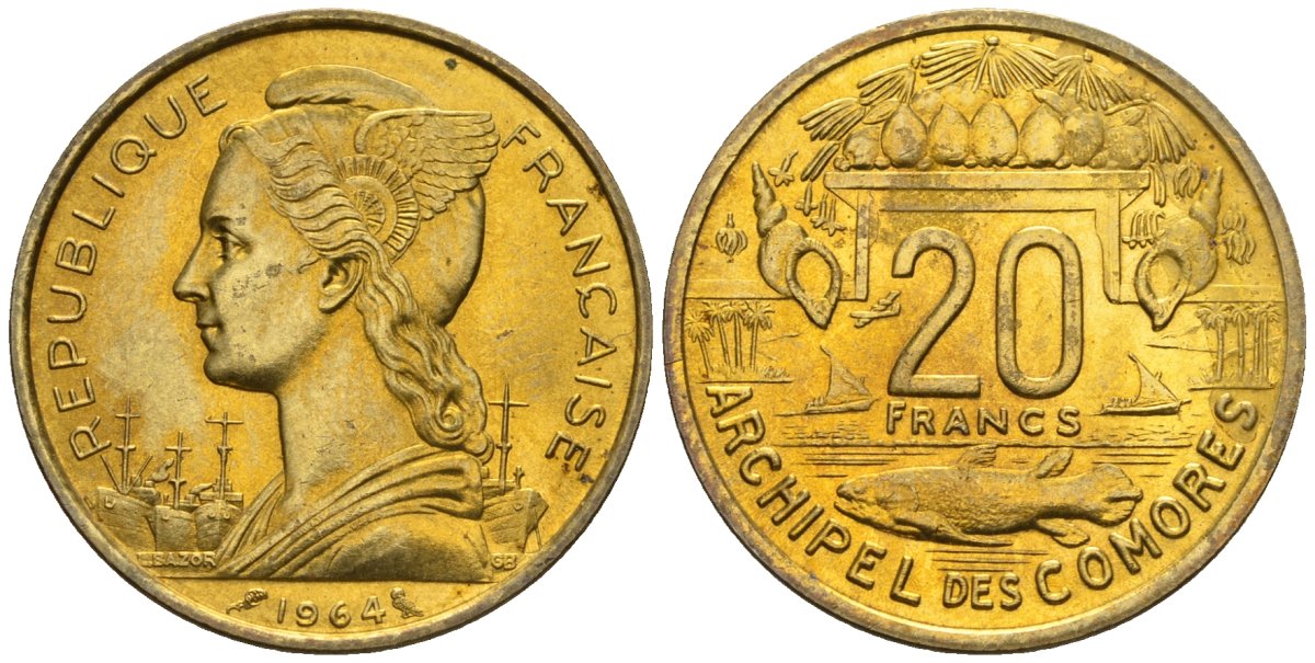 Французские Коморские острова 20 франков 1964 рыба KM 8 алюминиевая бронза UNC 1527-914