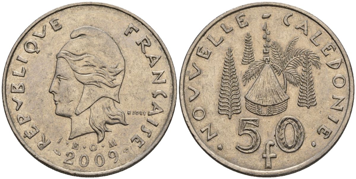 Французская Новая Каледония 50 франков 2009 хижина среди сосен и пальм, (IEOM) KM 13a, Schoen 15a, Lec 128i медно-никель 4111-945