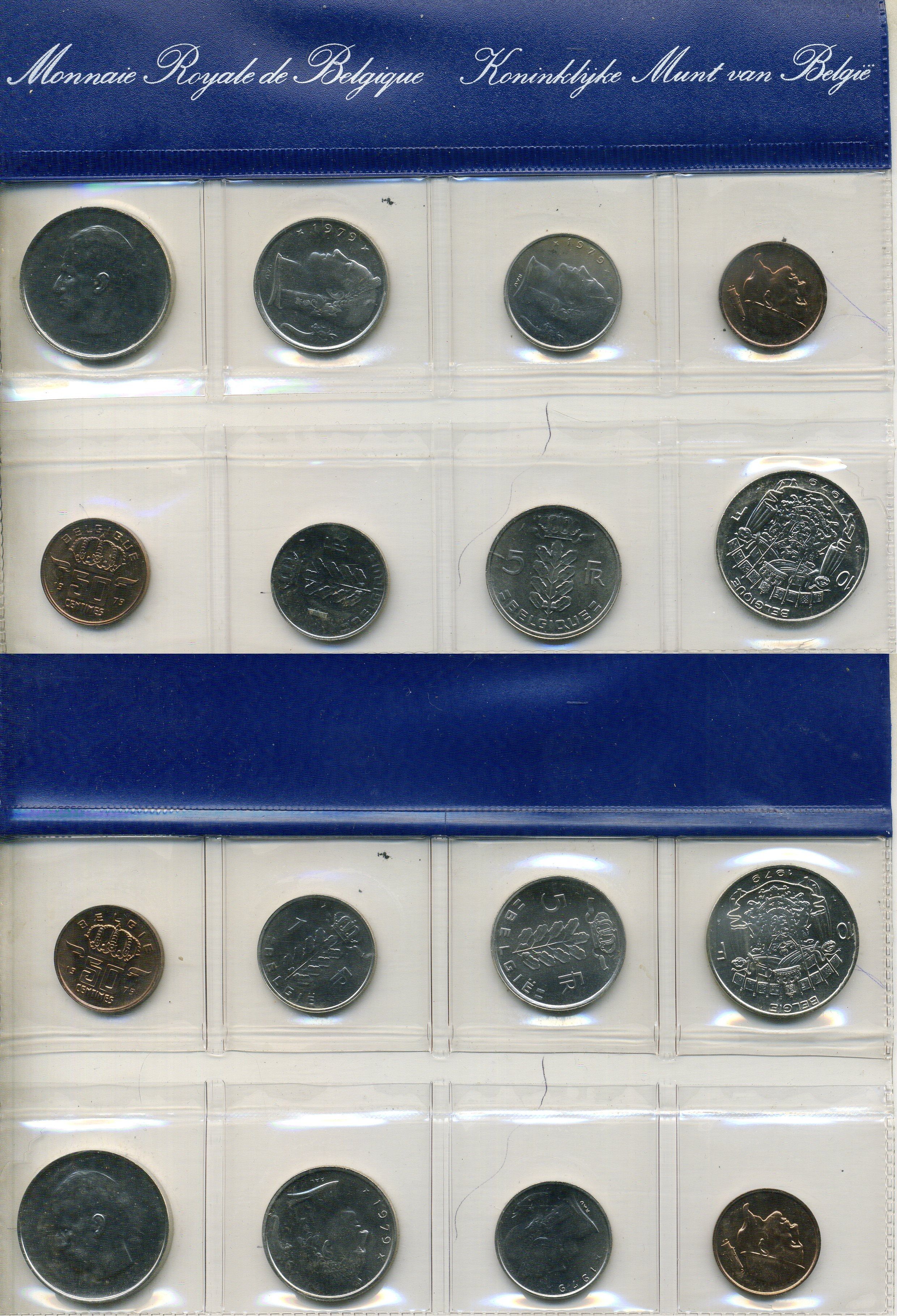 Бельгия набор из 8 монет (50 сантимов; 1, 5 и 10 франков) 1979 Belgie - Belgique, в оригинальном буклете мондвора KM SS15 (134.1, 135.1, 142.1, 143.1, 148.1, 149.1, 155.1 и 156.1) UNC 8-2-05-88
