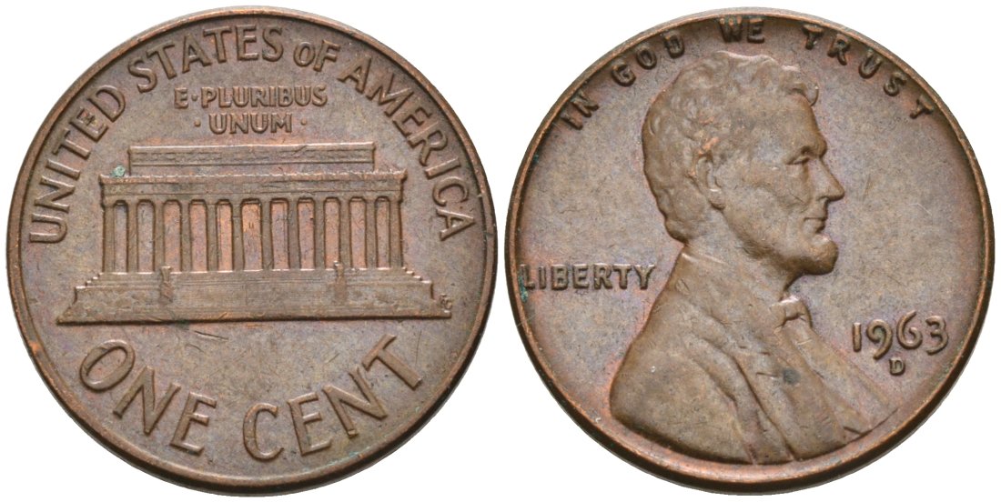США 1 цент 1963 D, Линкольн KM 201 медь цинк 4564-427