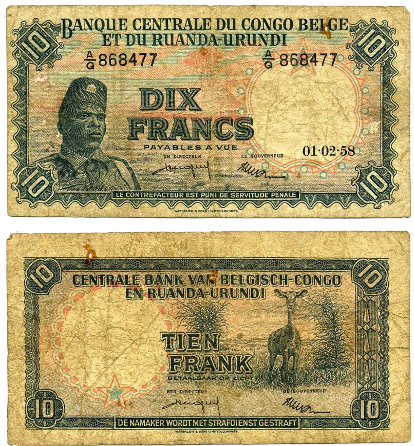 Бельгийское Конго 10 франков 1958 1 февраля 1958, Солдат "Общественных сил" (Аскари), антилопа Pick 30 b  бумага   2119-6-1-1