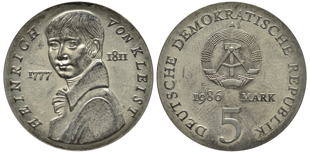 ГДР 5 марок 1986 A, 175 лет со дня смерти Генриха фон Клейтца KM 112 серебро UNC 1521-1524