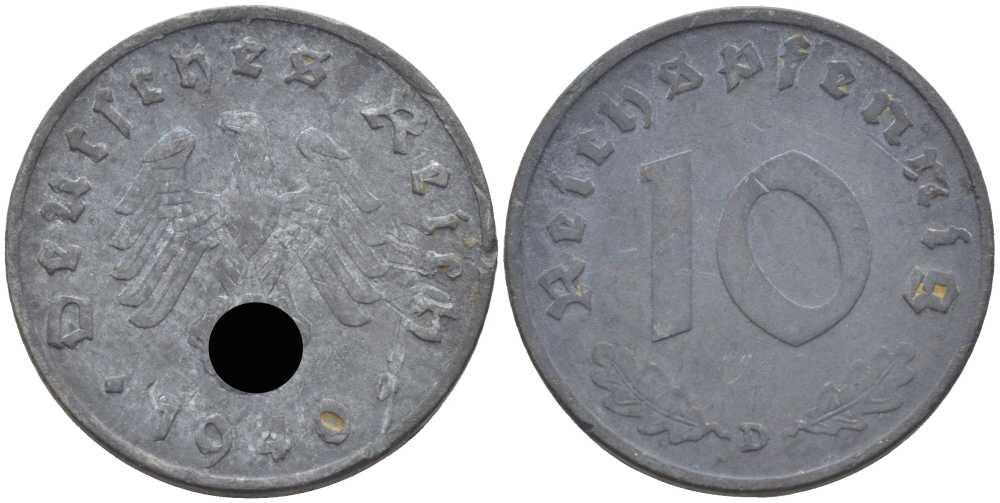 ГЕРМАНИЯ 10 РЕЙХСПФЕННИГОВ 1940 D KM 101, J. 371 цинк 4401-453