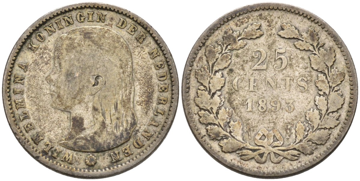 Нидерланды 25 центов 1893 Вильгельмина (1890-1948) KM 115 серебро 4576-759