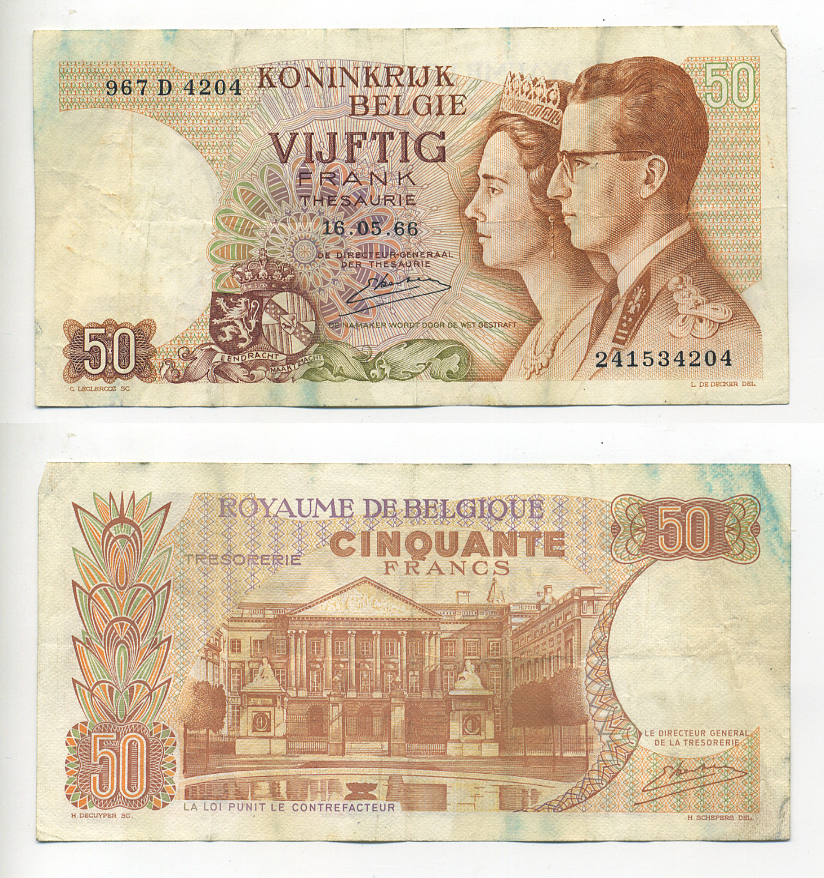 БЕЛЬГИЯ 50 ФРАНКОВ 1966 16 МАЯ 1966, ПОДПИСЬ 20, КОРОЛЬ БОДУЭН И КОРОЛЕВА ФАБИОЛА Pick 139 бумага 7214-3-1-1