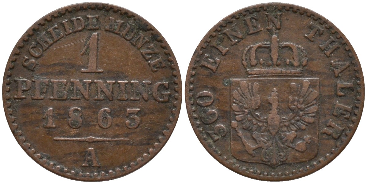 Пруссия 1 пфенниг 1863 А, Вильгельм I (1861-1888) KM 480 медь 4532-435
