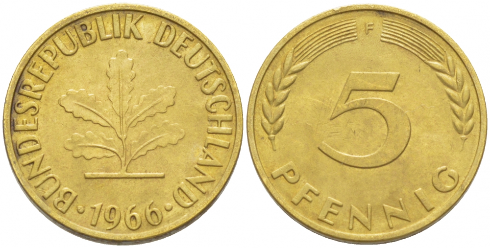 ФРГ 5 ПФЕННИГОВ 1966 F KM 107, J. 382 сталь плакированная латунью 3996-1137