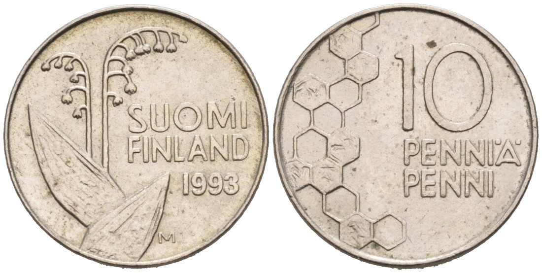 ФИНЛЯНДИЯ 10 ПЕННИ 1993 М, ЛАНДЫШ KM 65 медно-никель 192-1142