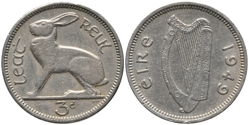 Ирландия 3 пенса 1949 заяц KM 12а медно-никель 4387-1034