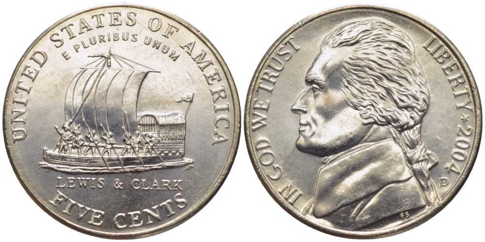 США 5 центов 2004 D, серия 200 лет экспедиции Льюиса и Кларка, лодка KM 361 медно-никель UNC M20-17