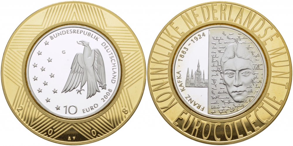 ФРГ 10 евро 2008 G, 125 лет со дня рождения Франца Кафки KM 271, DE.S. 10.36 серебро PROOF 1068-8-41