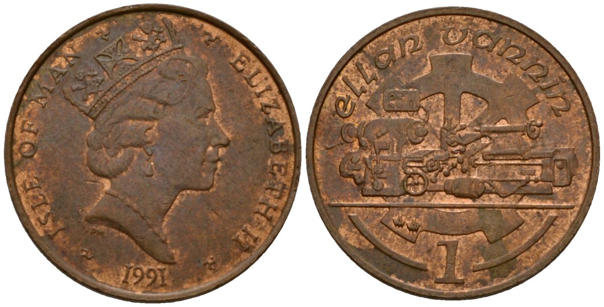 Остров Мэн 1 пенни 1991 AA, токарный станок, Елизавета II (1953-) KM 207 бронза 4602-831