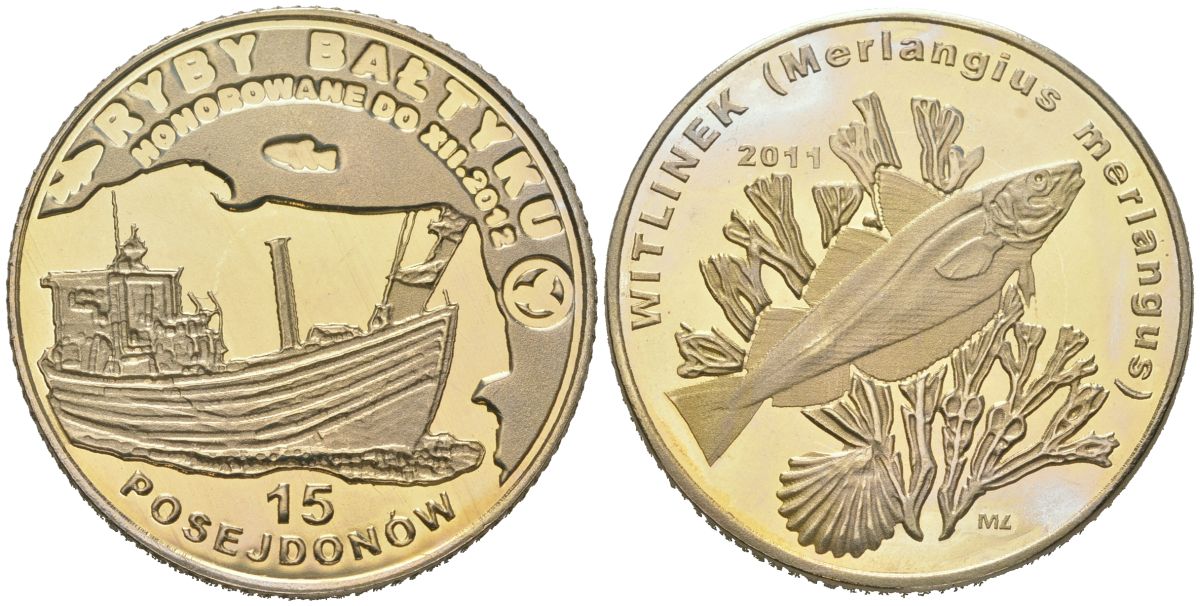 Польша 15 посейдонов 2011 (2011-2012 рыбы балтики 2012 - Мерланг, диаметр 32,5 мм, вес 14,1 гр латунь PROOF 1085-8-64