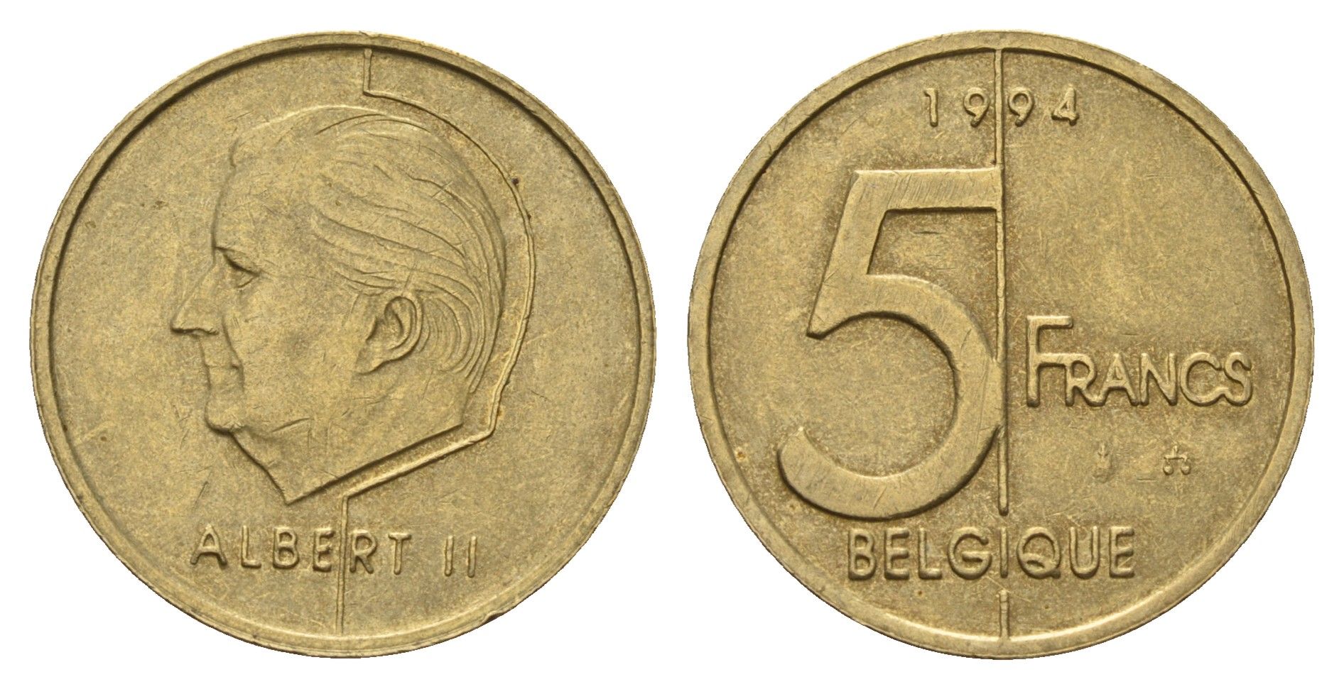 Бельгия 5 франков 1994 Belgique, Альберт II (1993-2013) KM 189 алюминиевая бронза 3459-854