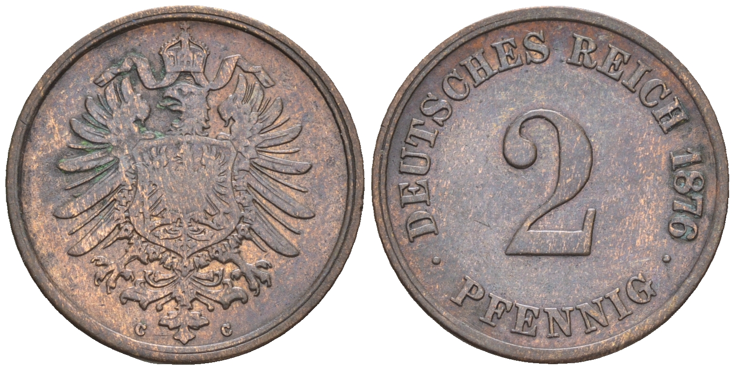 Германия 2 пфеннига 1876 C, старогербовка KM 2, Jager 2, Weege 3 медь 4147-223