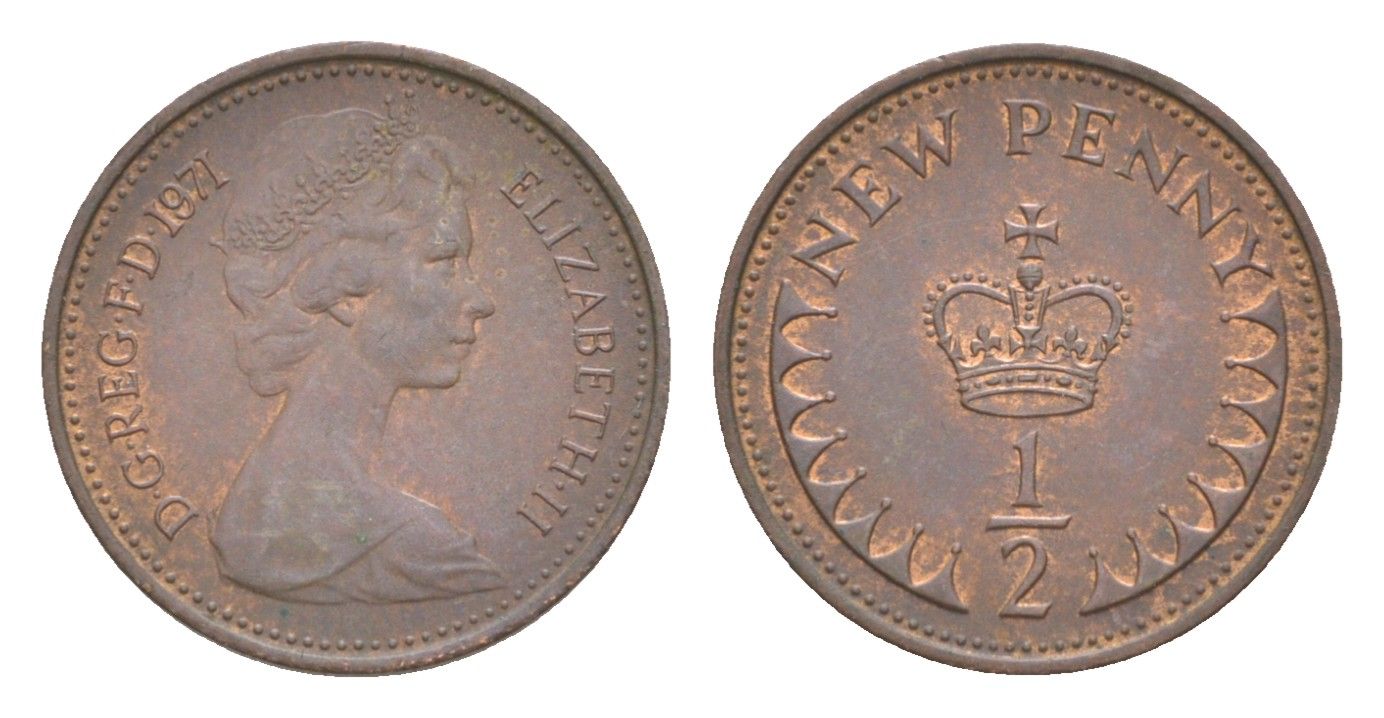 Великобритания 1/2 новый пенни 1971 Елизавета II (1952-2022) KM 914, Spink 4239 бронза 4643-459