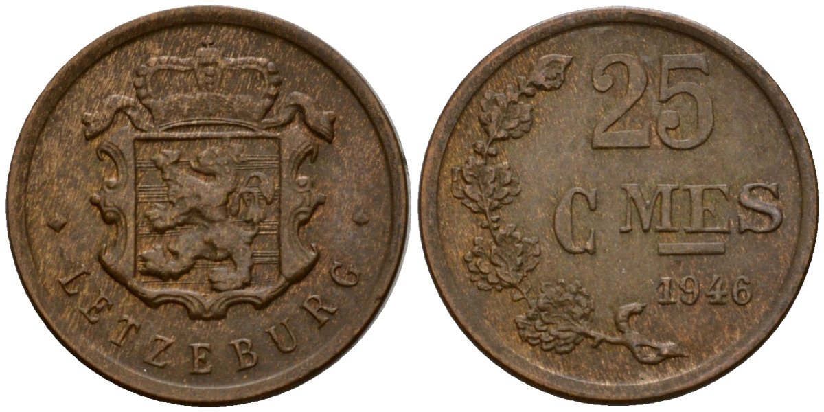 Люксембург 25 сантимов 1946 Шарлотта (1918-1964) KM 45 бронза 4532-228