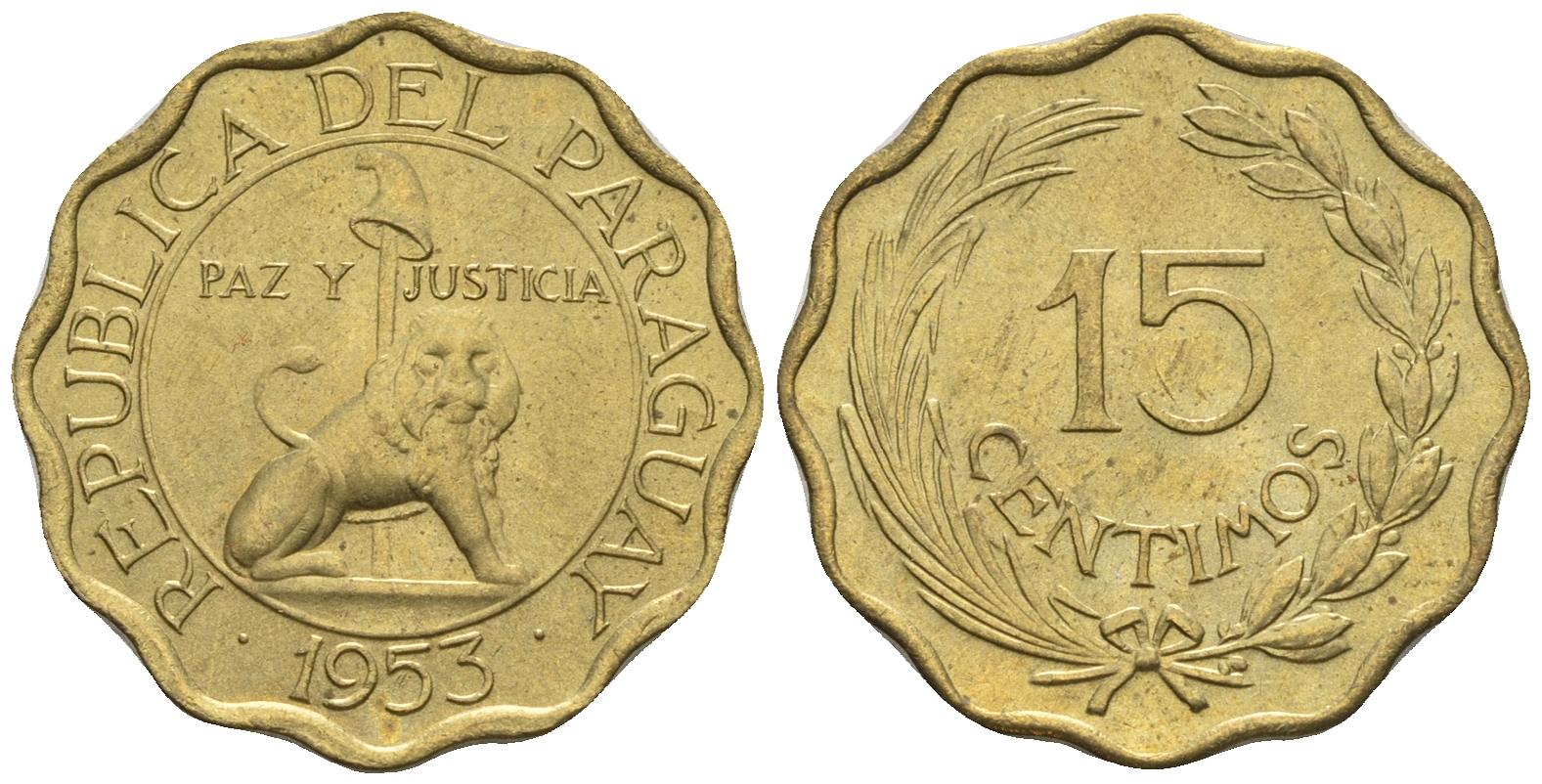 Парагвай 15 сентимо 1953 лев, фригийский колпак на шесте KM 26 алюминиевая бронза  aUNC  4177-945