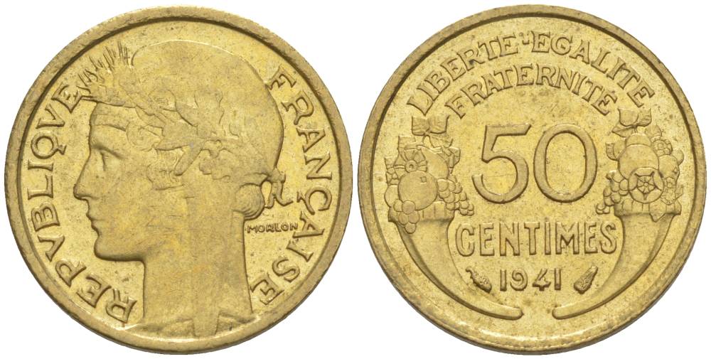 ФРАНЦИЯ 50 САНТИМОВ 1941 ТИП MORLON KM 894.1, LE FRANC 192.18 алюминиевая бронза 44-416