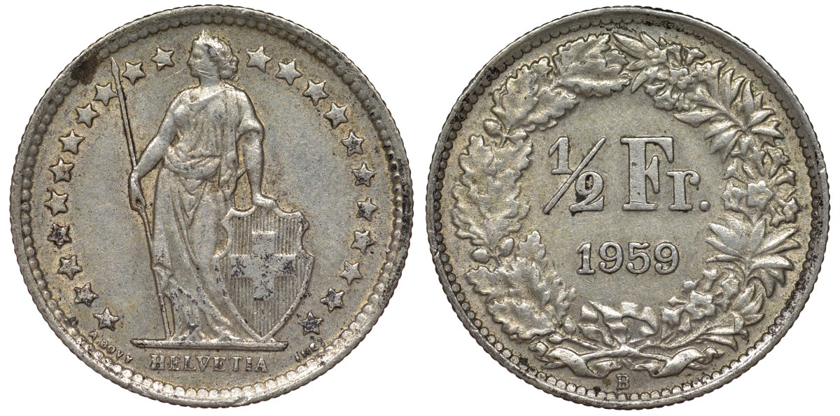 Швейцария 1/2 франка 1959 в KM 23 серебро 4124-535