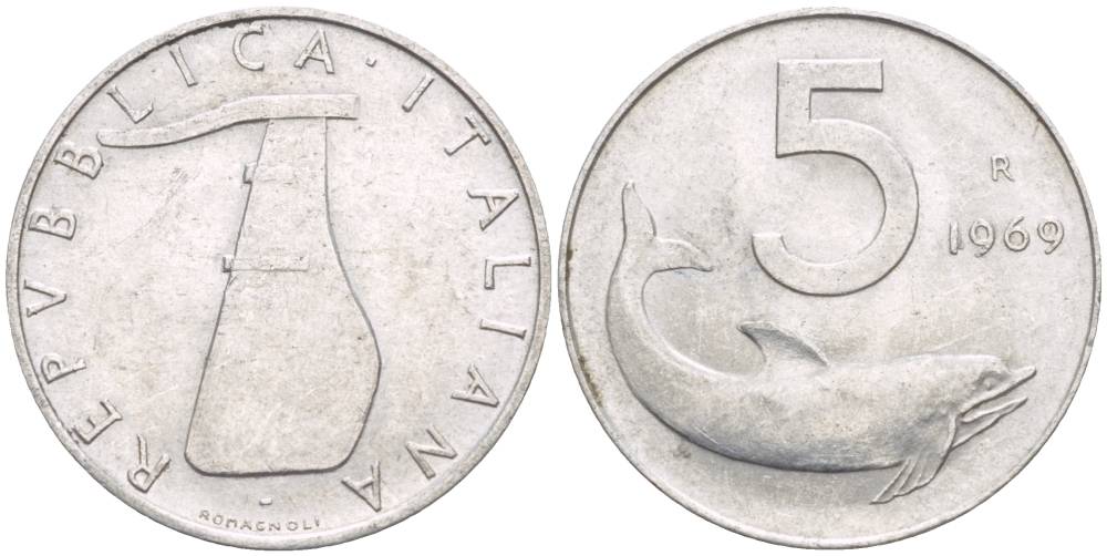 ИТАЛИЯ 5 ЛИР 1969 R, ДЕЛЬФИН, РУЛЬ KM 92 алюминий 4551-122