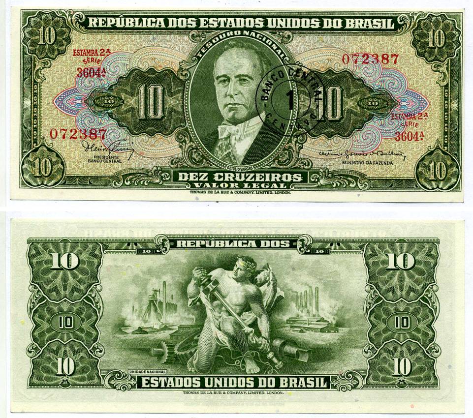 БРАЗИЛИЯ 1 СЕНТАВО 1967 СЕРИЯ 3604А, ESTAMPA 2A, НАДПЕЧАТКА НА 10 КРУЗЕЙРО Pick 183b бумага UNC (ПРЕСС) 7221-34-2