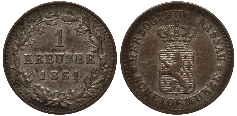 Нассау 1 крейцер 1861 KM 55 серебро 1517-611