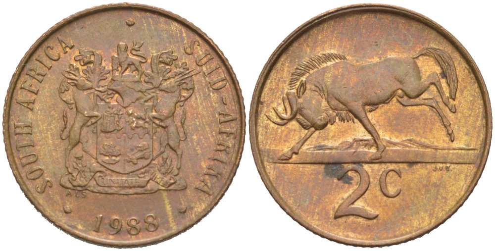ЮАР 2 цента 1988 герб, антилопа гну KM 83 бронза 217-637
