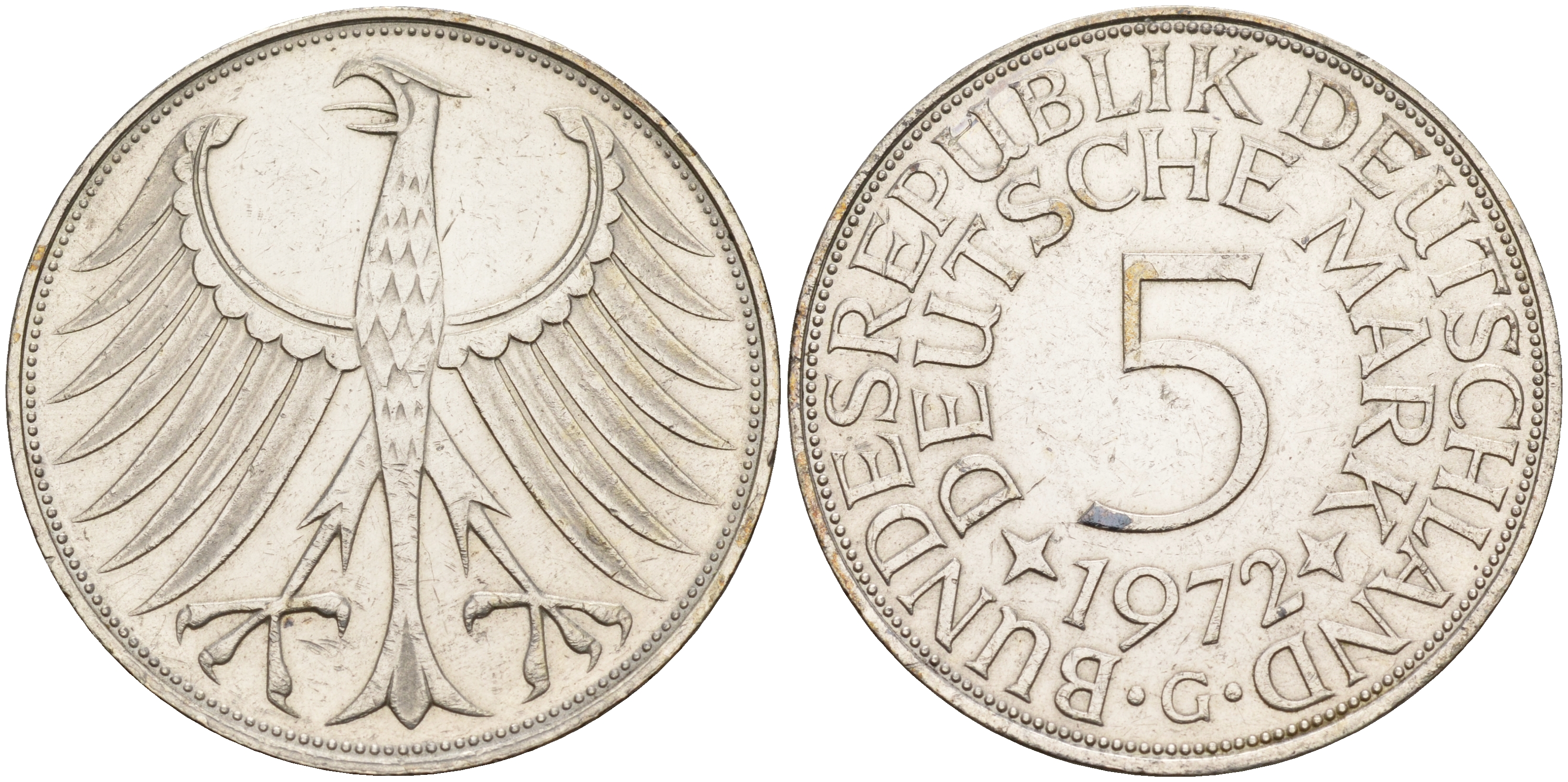 ФРГ 5 марок 1972 G KM 112.1,  J. 387 серебро    4149-515