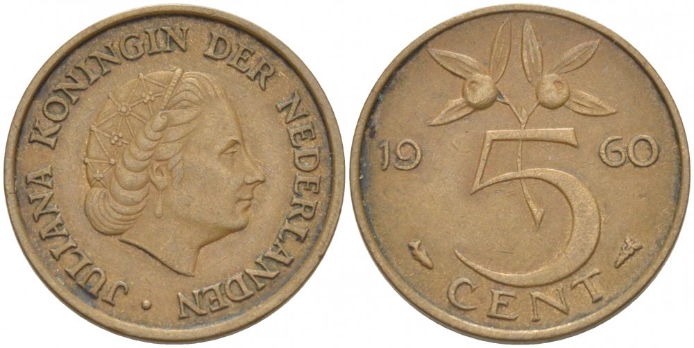 НИДЕРЛАНДЫ 5 ЦЕНТОВ 1960 ЮЛИАНА KM 181 бронза 214-814