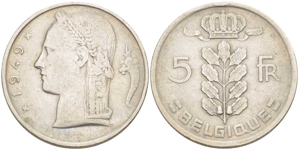 Бельгия 5 франков 1949 Леопольд III (1934-1950), Belgique KM 134.1 медно-никель 202-1231