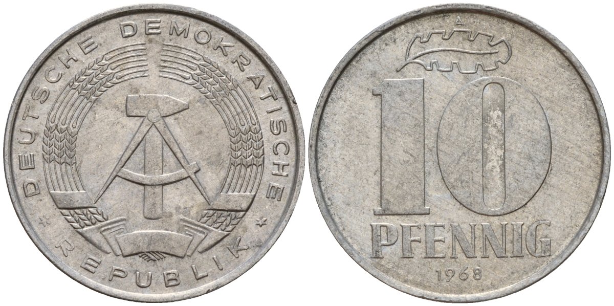 ГДР 10 пфеннигов 1968 A KM 10 алюминий 55-1133