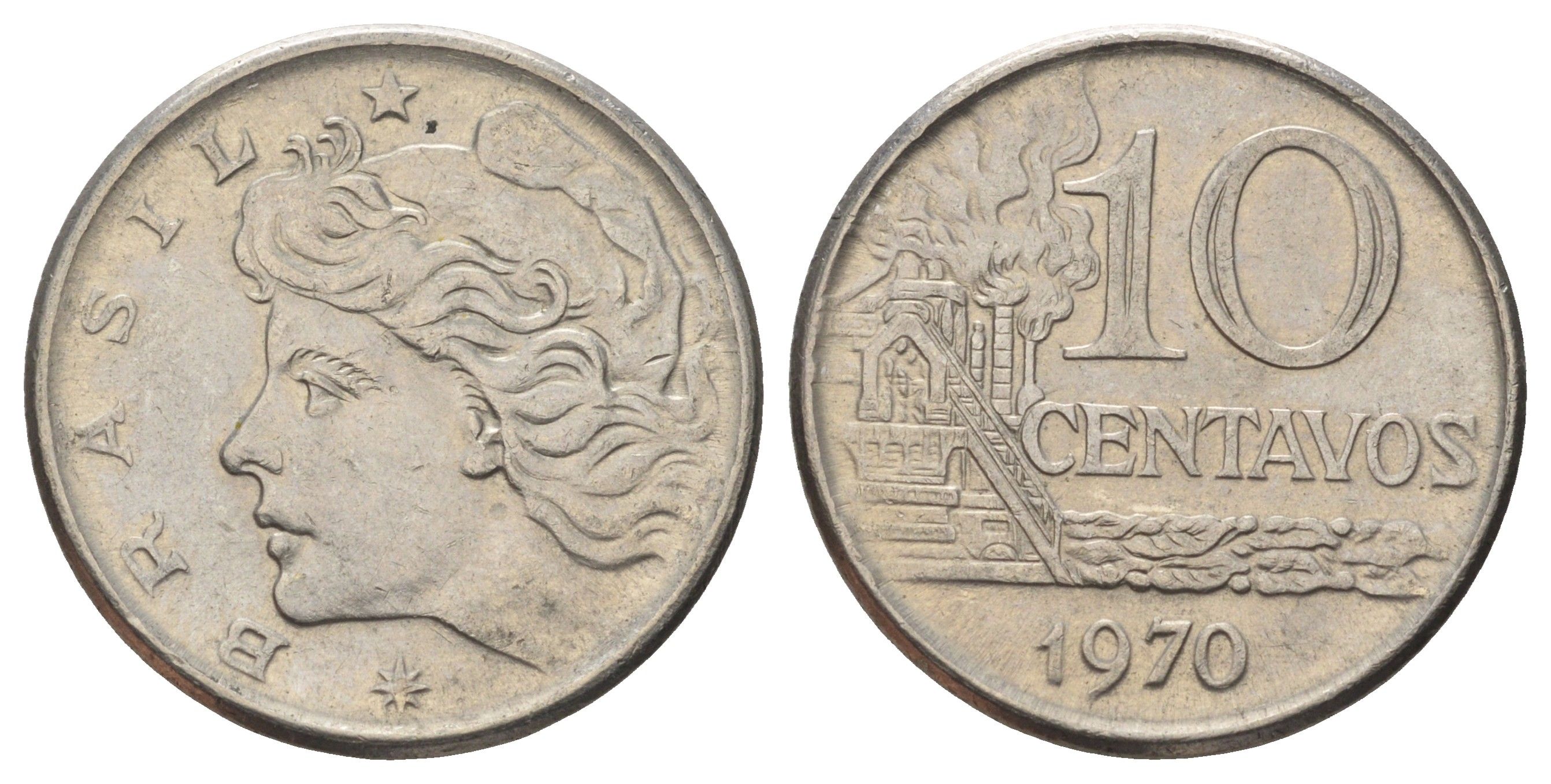 Бразилия 10 сентаво 1970 год-тип KM 578.2 медно-никель aUNC 4156-1153
